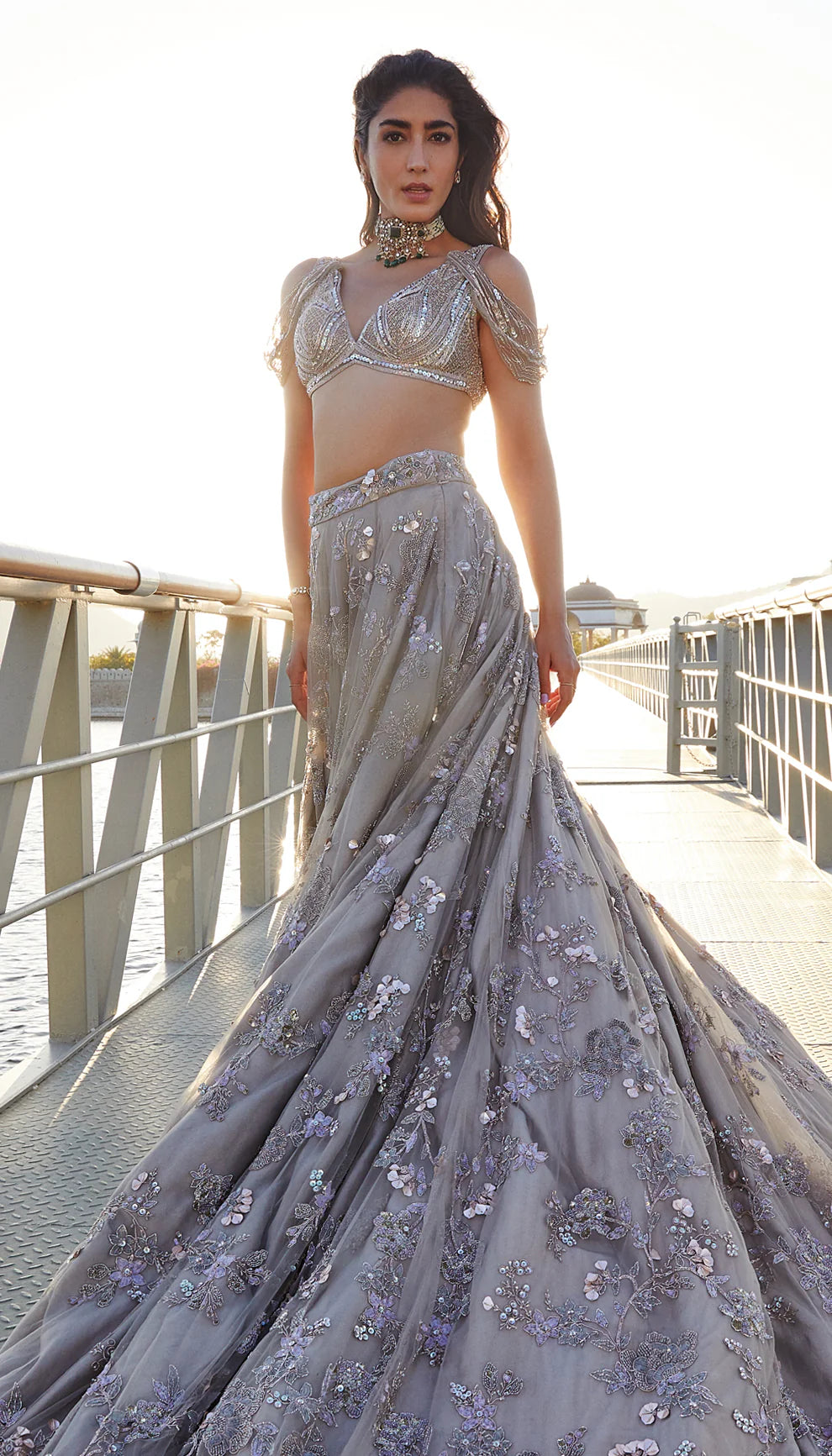 Moon Grey Tulle Trail Lehenga