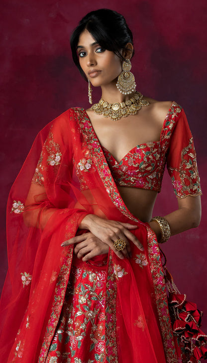 Red Applique Lehenga