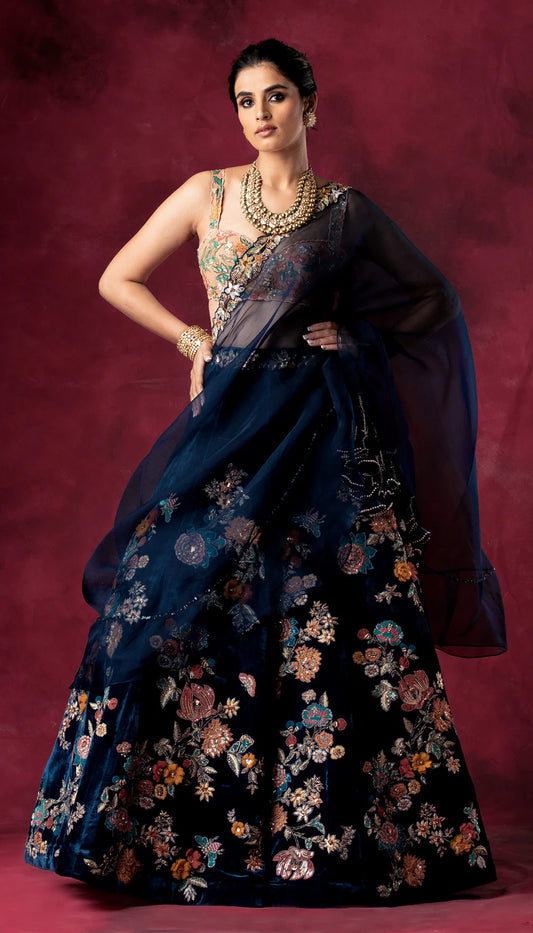 Blue 3-D Velvet Lehenga