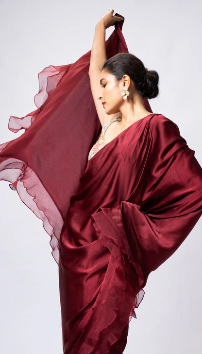 A Whimsical Wine Hued Satin Saree