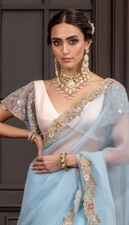 Powder Blue Floating Border Saree