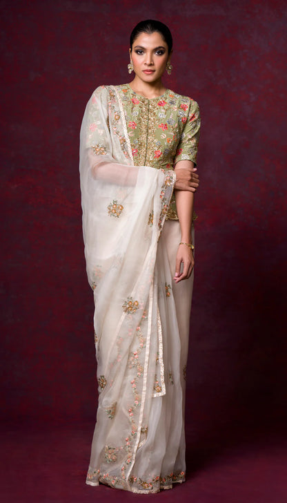 An Ivory Organza with Embroidered Resham Florals