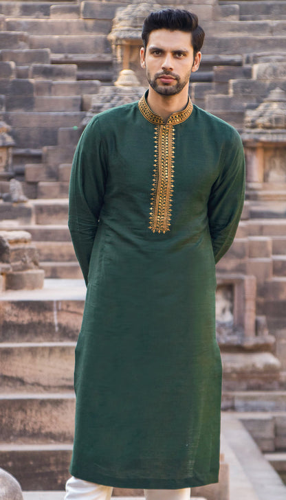 Green Marodi Embroidered Matka Silk Kurta