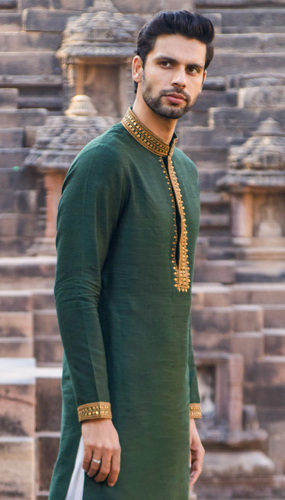 Green Marodi Embroidered Matka Silk Kurta