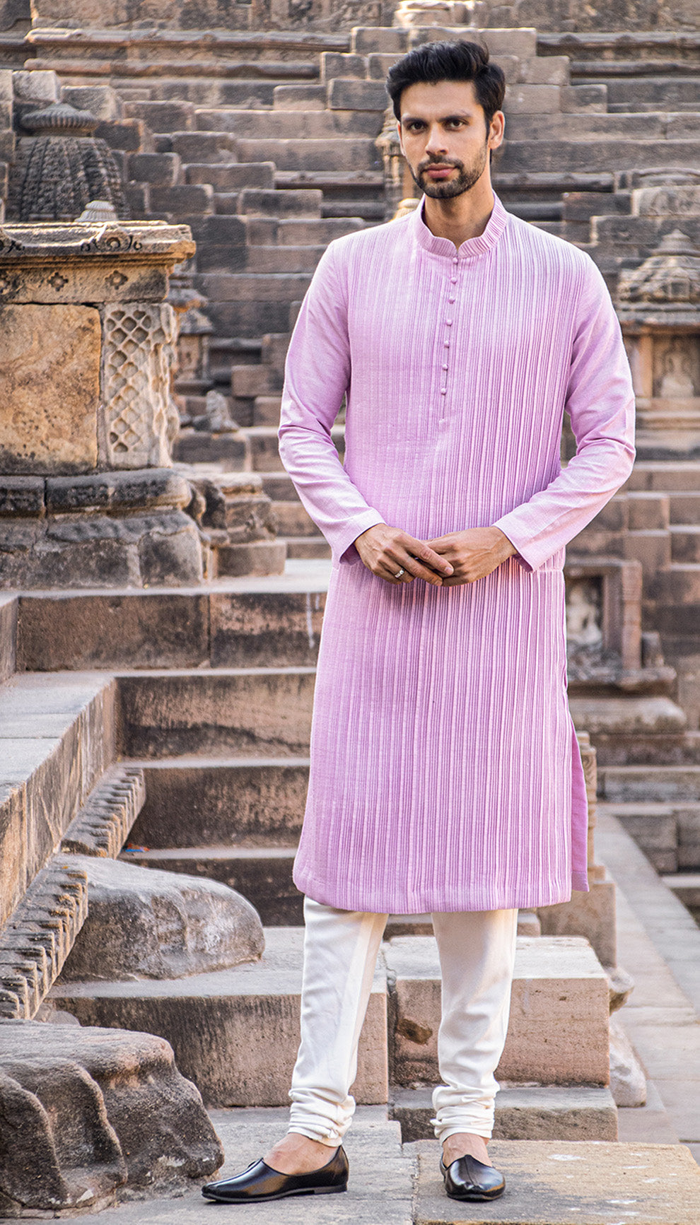 Pintuck Matka Silk Kurta Paired with Cream Jacket