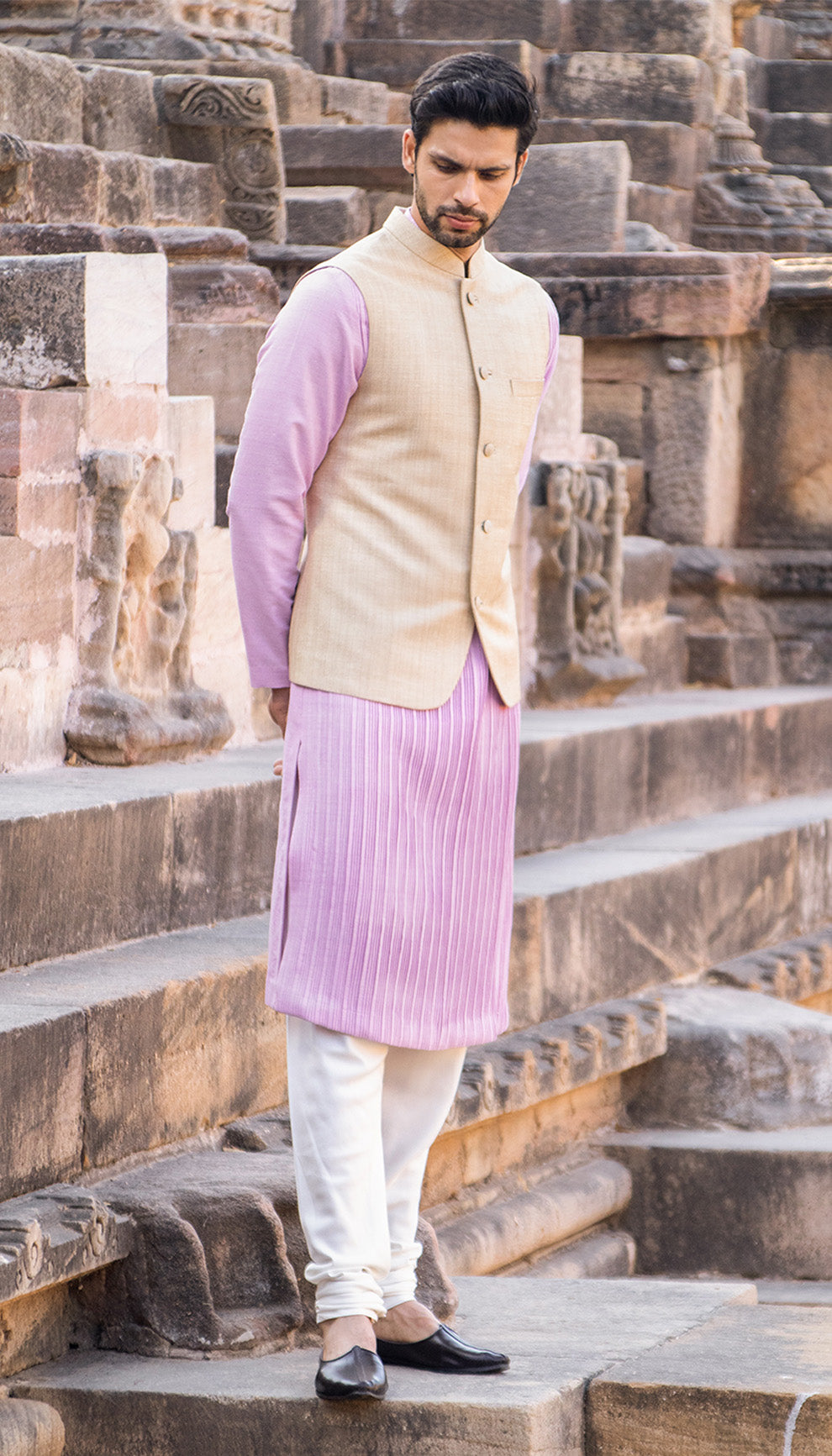 Pintuck Matka Silk Kurta Paired with Cream Jacket