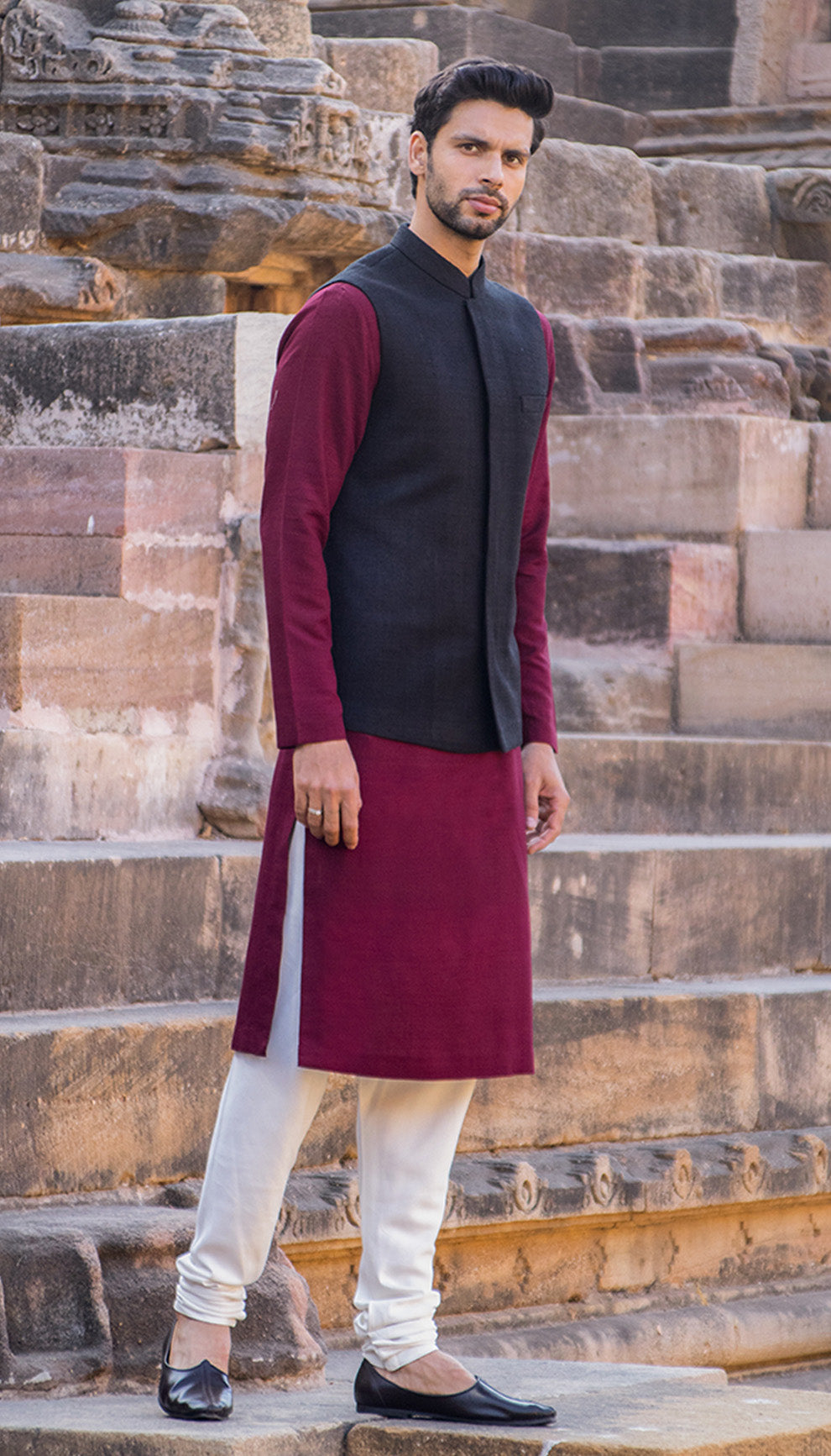 Wine Matka Silk Kurta with Classic Black Jacket