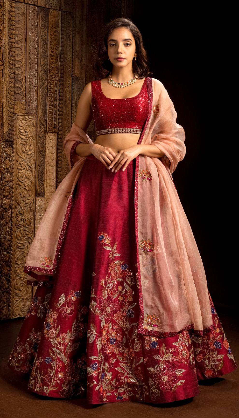 Raspberry Red Raw Silk Lehenga