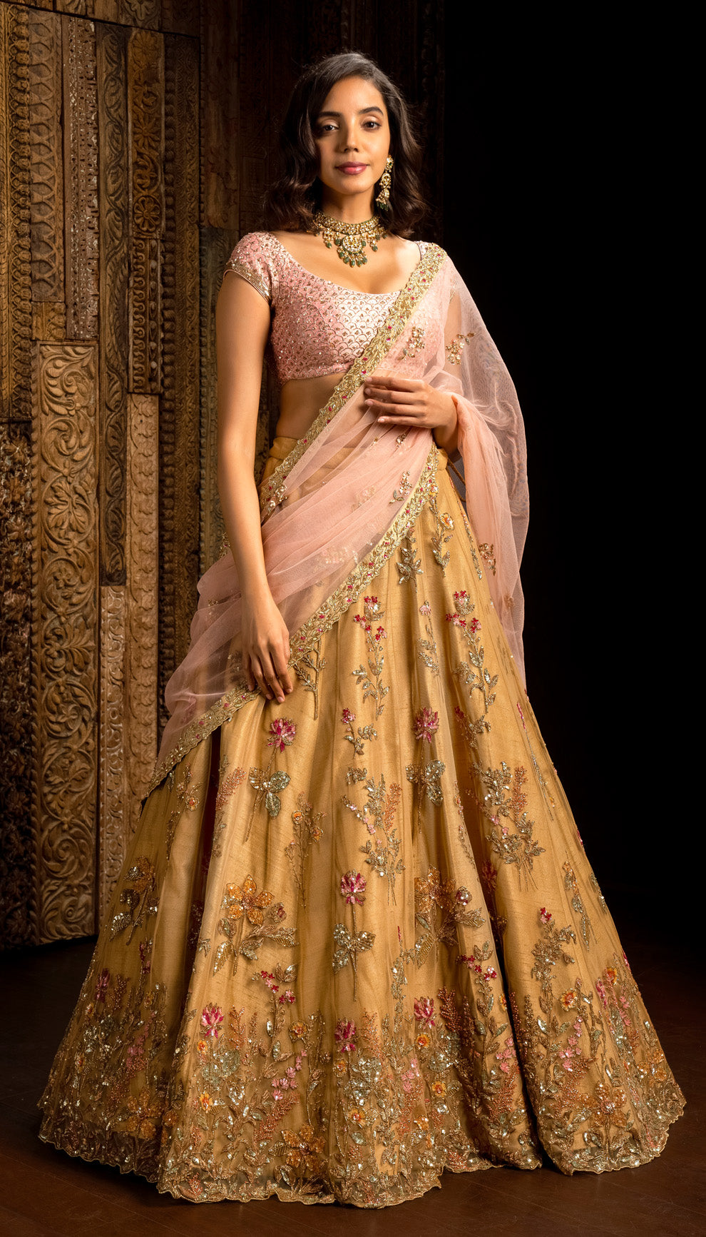 Ochre Yellow Tulle Lehenga