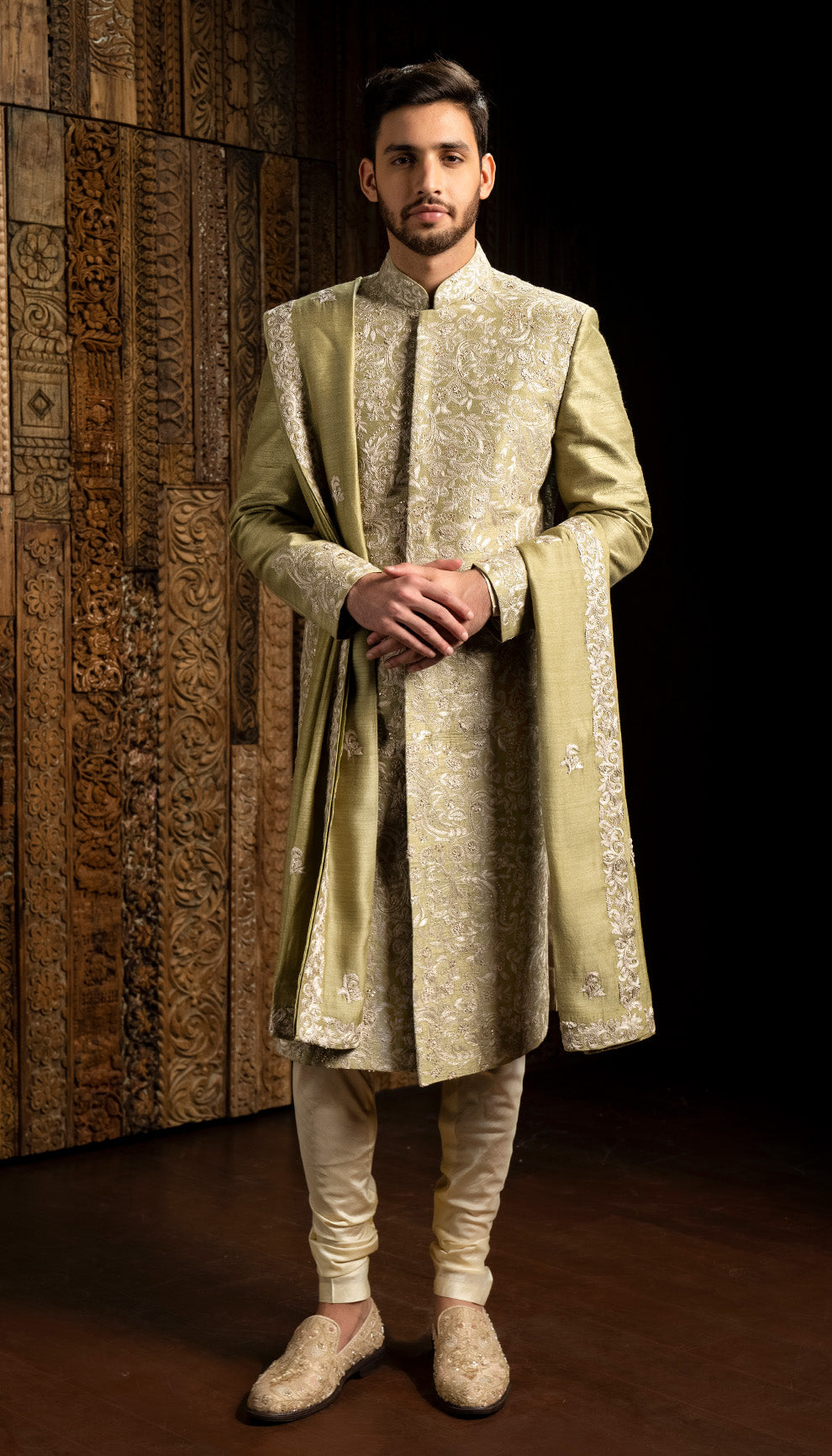 Muted Mint Thread Jaal Sherwani