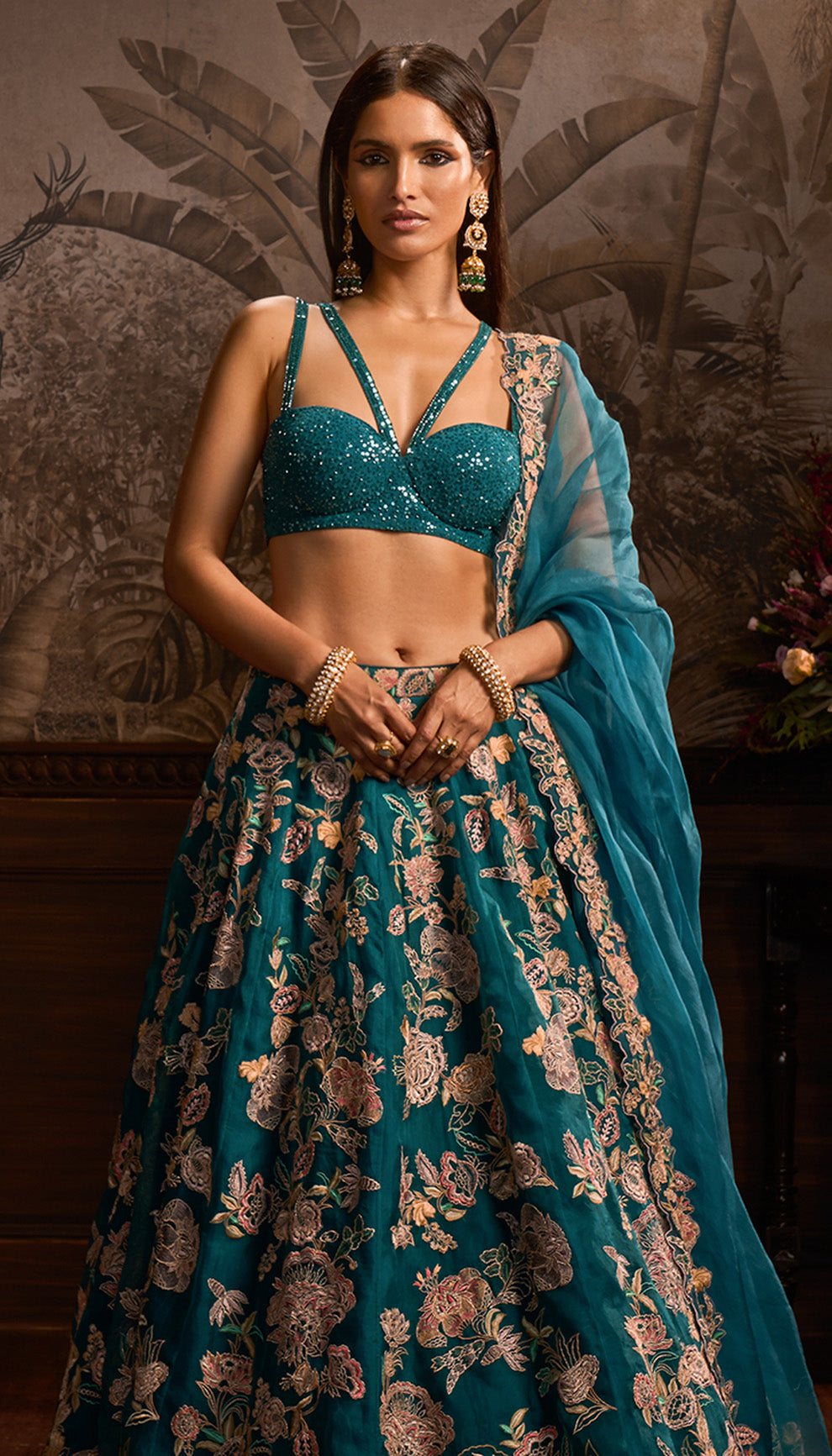 Teal Blue Organza Lehenga