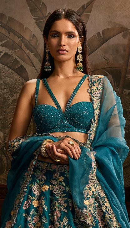 Teal Blue Organza Lehenga