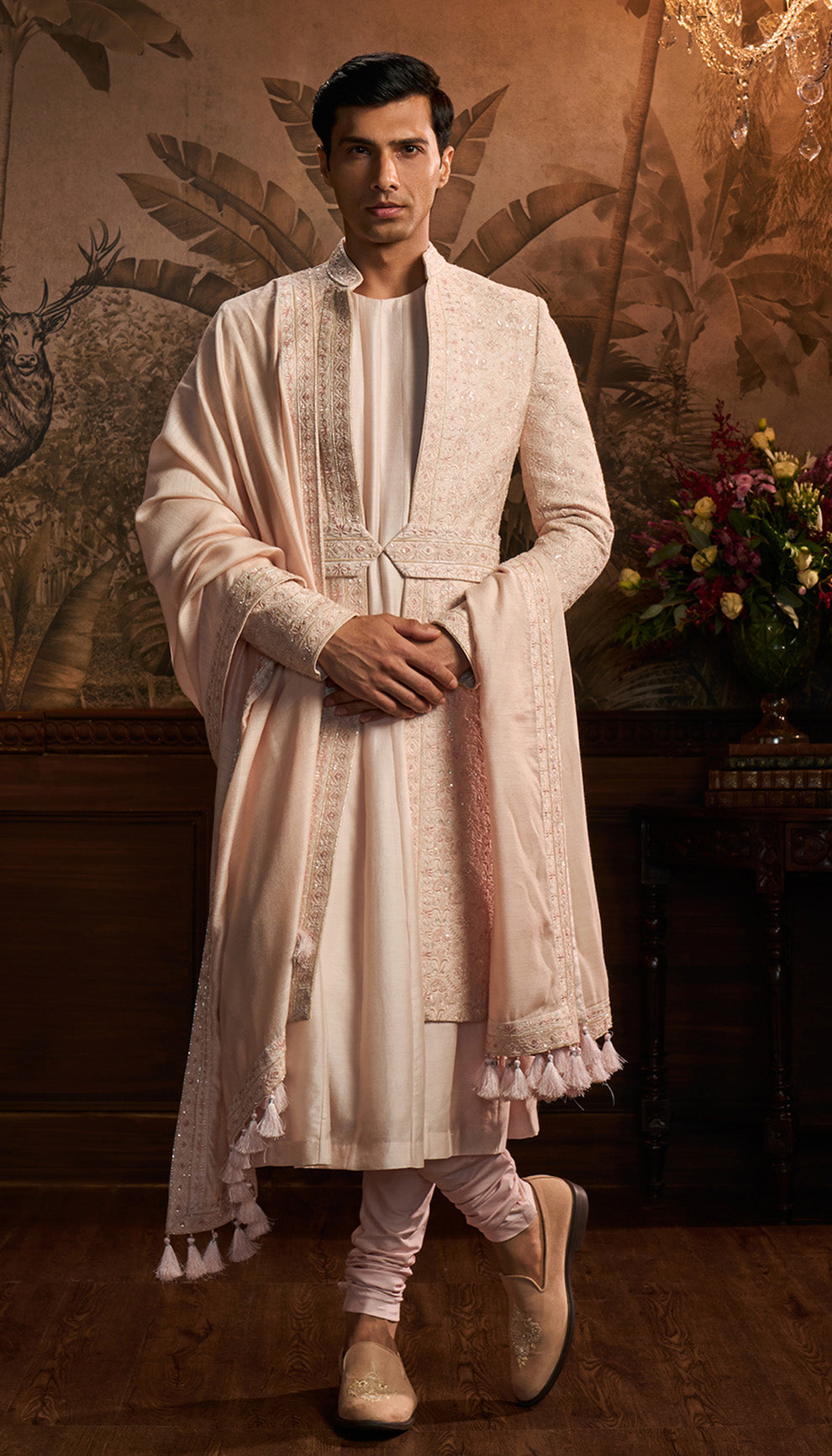 Powder Pink Raw Silk Sherwani