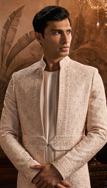 Powder Pink Raw Silk Sherwani