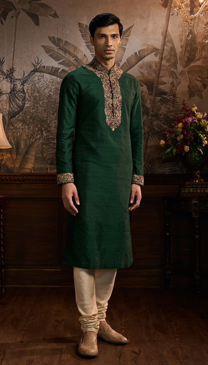 Green Raw Silk Kurta