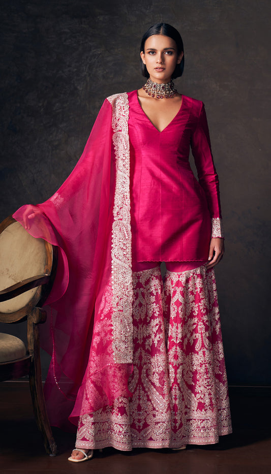 Rani Pink Floating Paisley Sharara Set