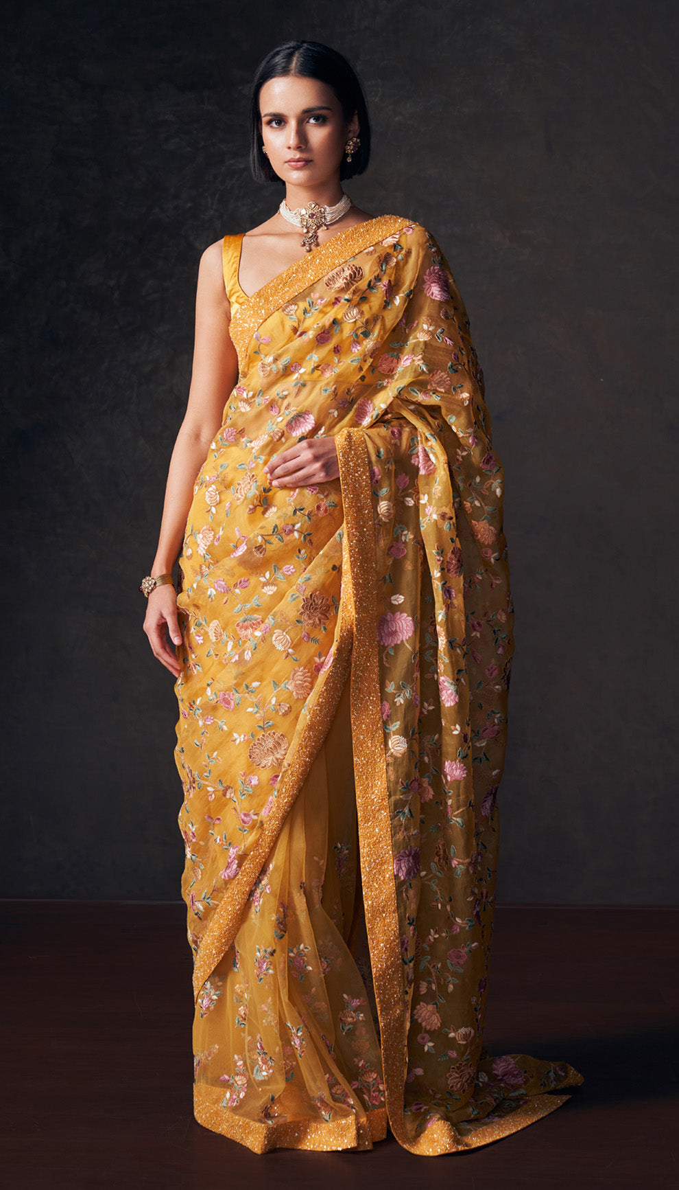 Ochre Yellow Carnation Saree