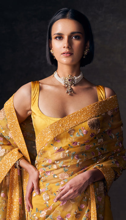 Ochre Yellow Carnation Saree