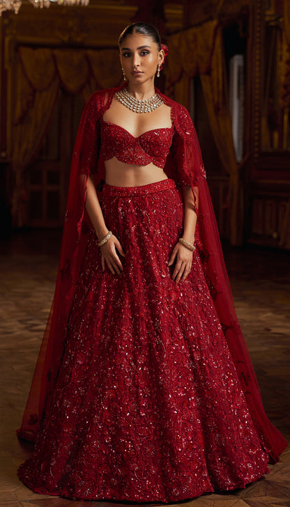 Red Net Tonal Lehenga