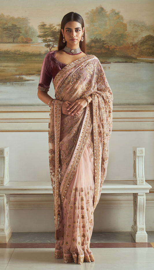 Pink Net Zardozi Saree