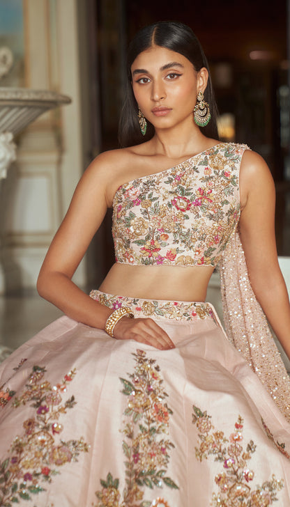 One Shoulder Pink Blouse Lehenga