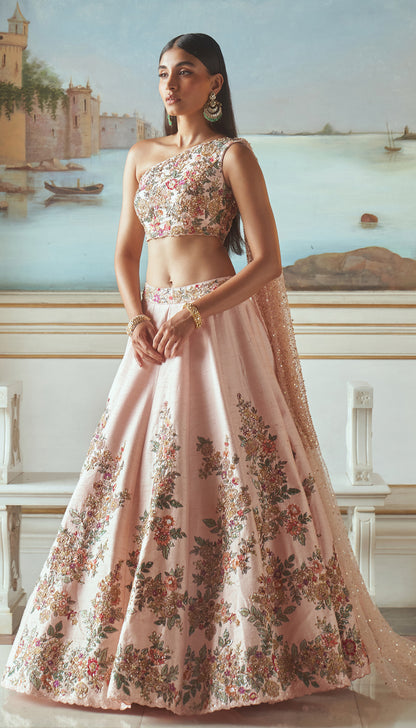 One Shoulder Pink Blouse Lehenga