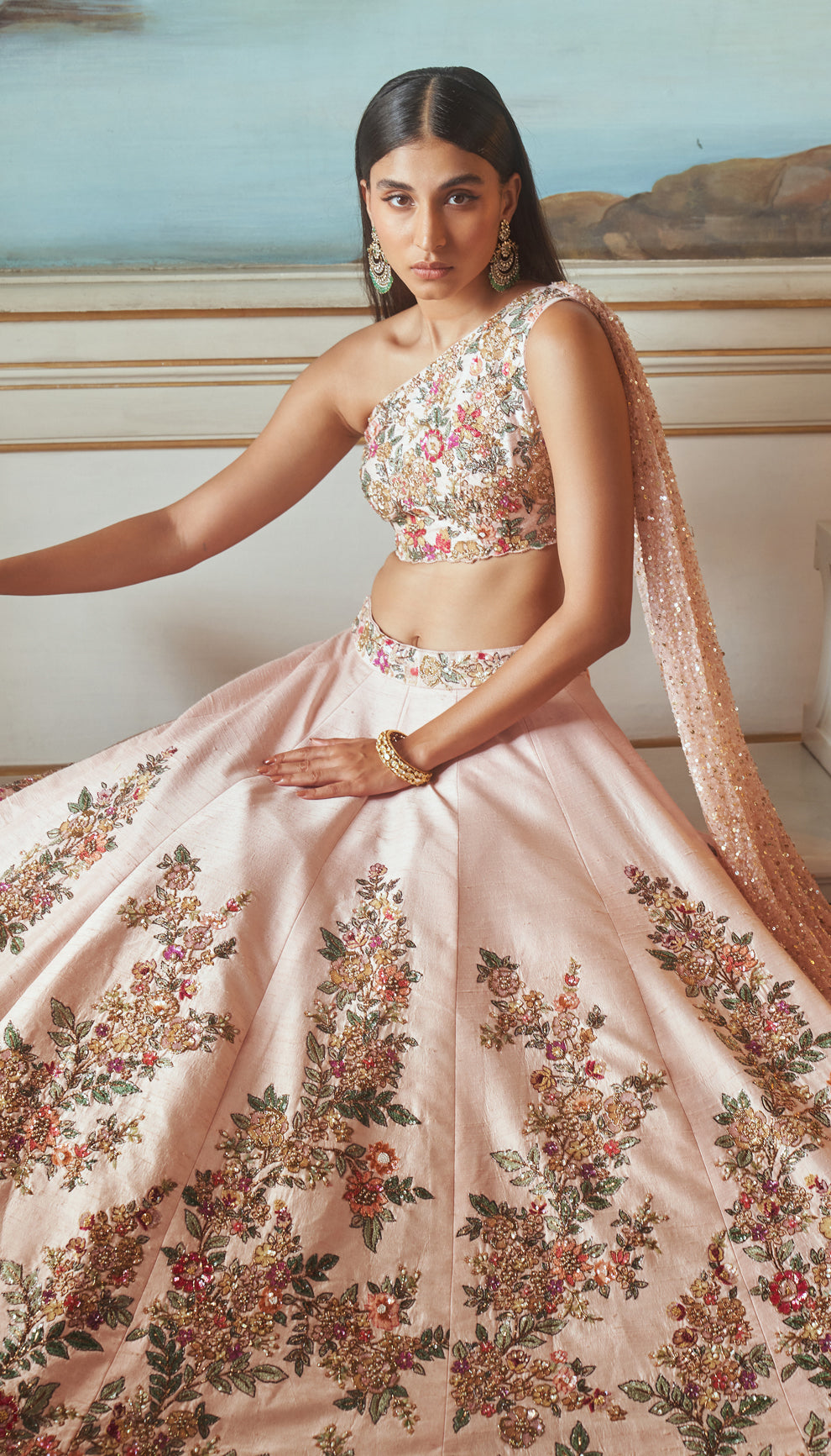 One Shoulder Pink Blouse Lehenga