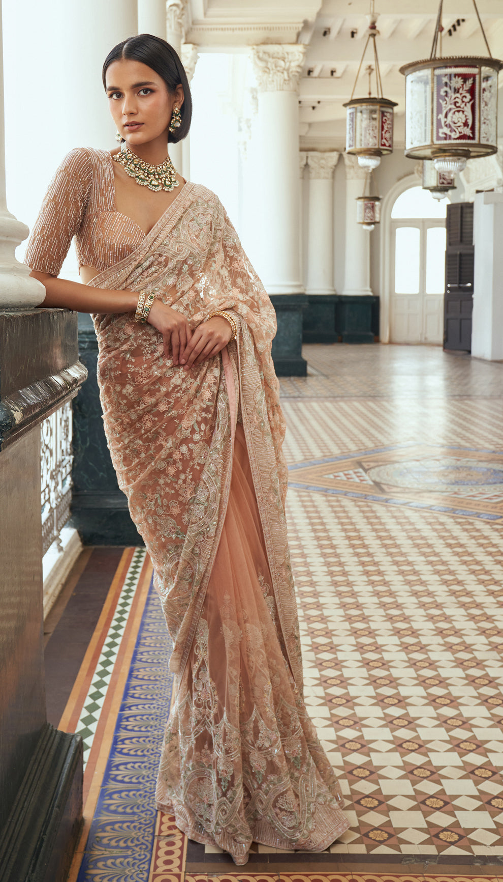 Peach Net Saree