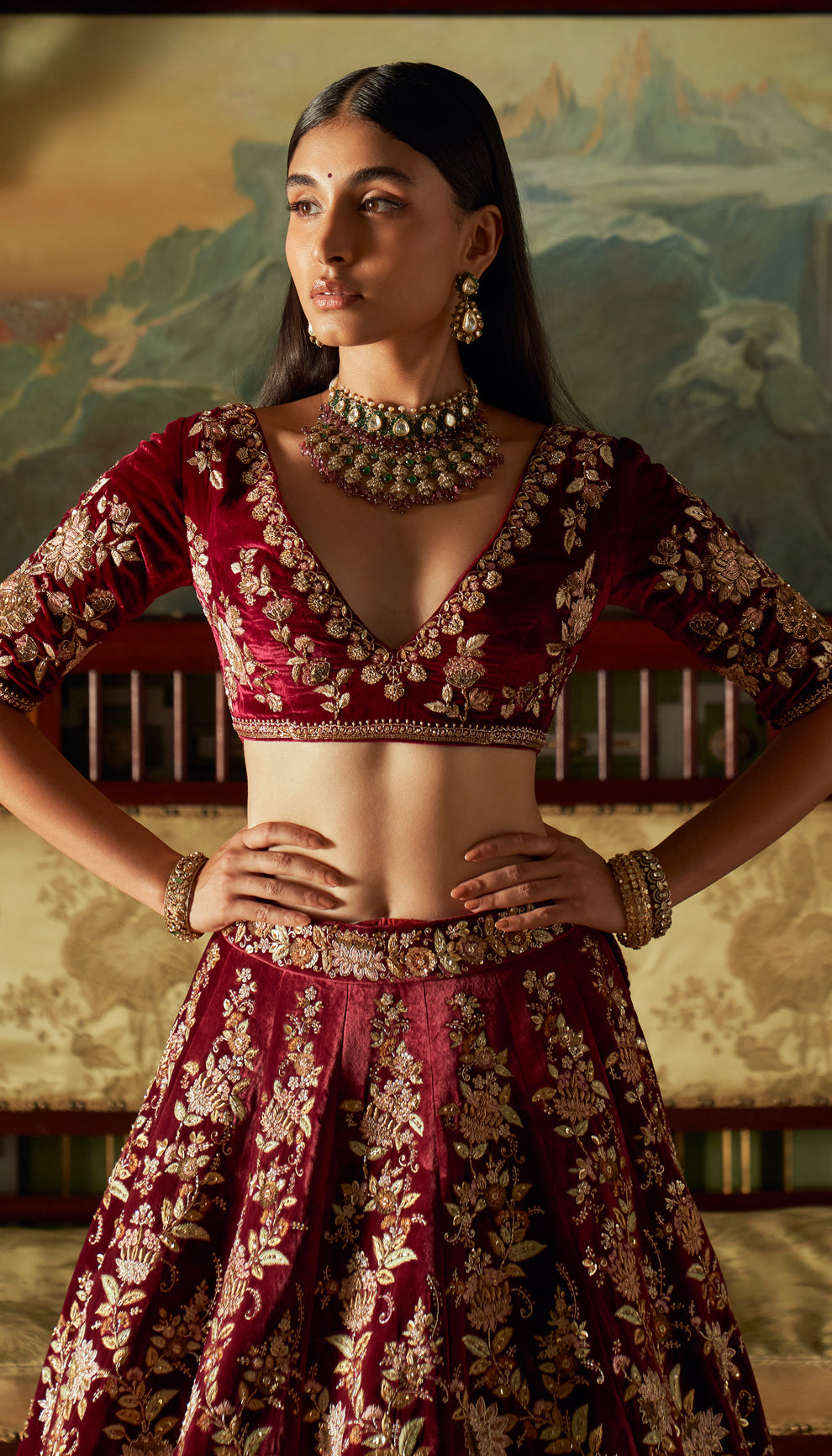 Wine Velvet Lotus Lehenga