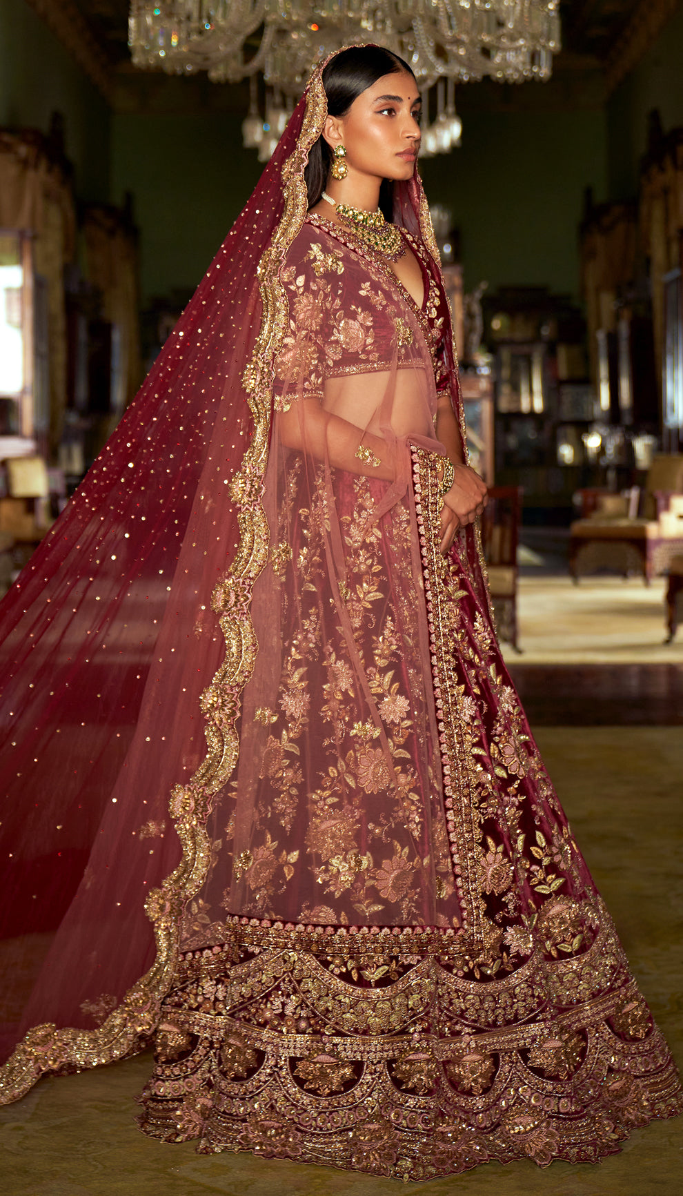 Wine Velvet Lotus Lehenga