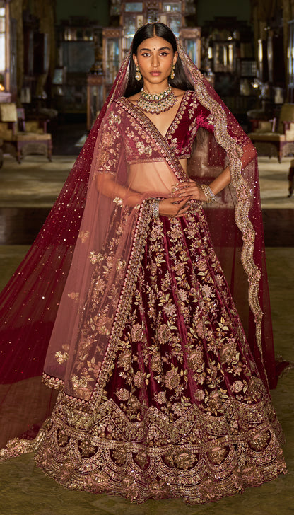 Wine Velvet Lotus Lehenga