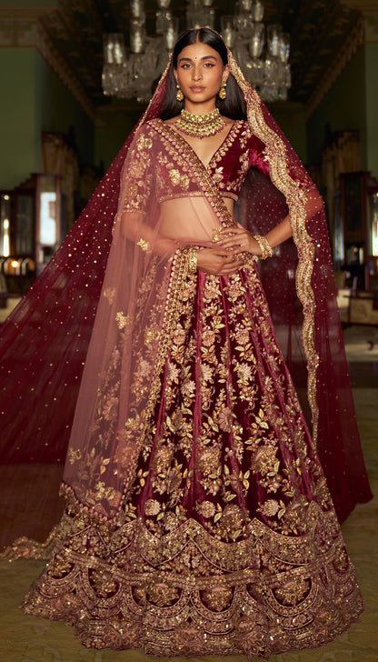 Wine Velvet Lotus Lehenga