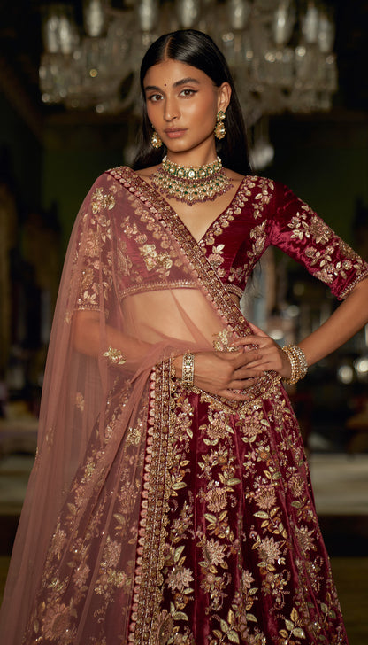 Wine Velvet Lotus Lehenga