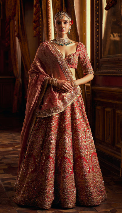 Red Raw Silk Boquet Lehenga