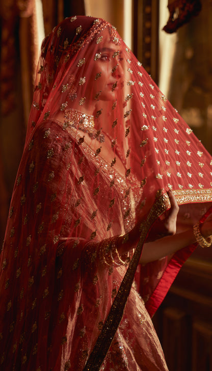 Red Raw Silk Boquet Lehenga