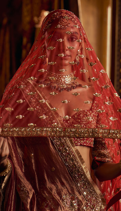 Red Raw Silk Boquet Lehenga