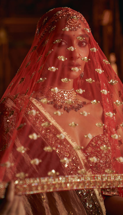 Red Raw Silk Boquet Lehenga