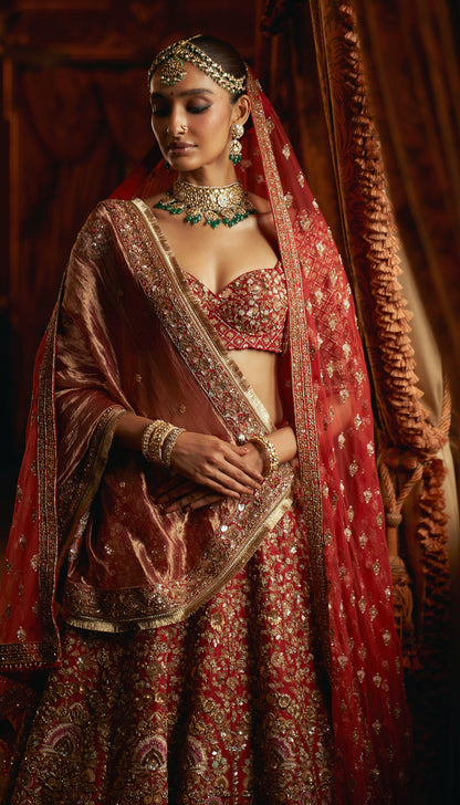 Red Raw Silk Boquet Lehenga