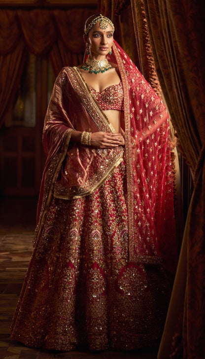 Red Raw Silk Boquet Lehenga