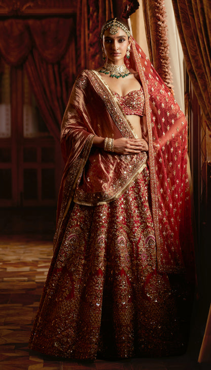 Red Raw Silk Boquet Lehenga