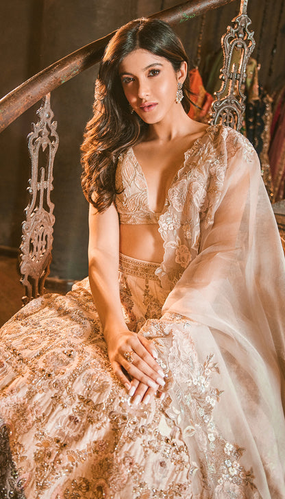 Shanaya Kapoor in Blush Pink Raw Silk Lehenga with Intricate Lotus Embroidery