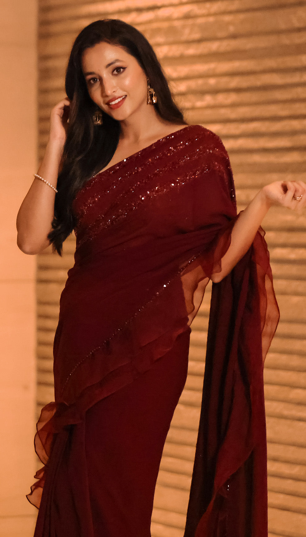 Srinidhi Shetty in Aubergine Georgette Ruffle Saree