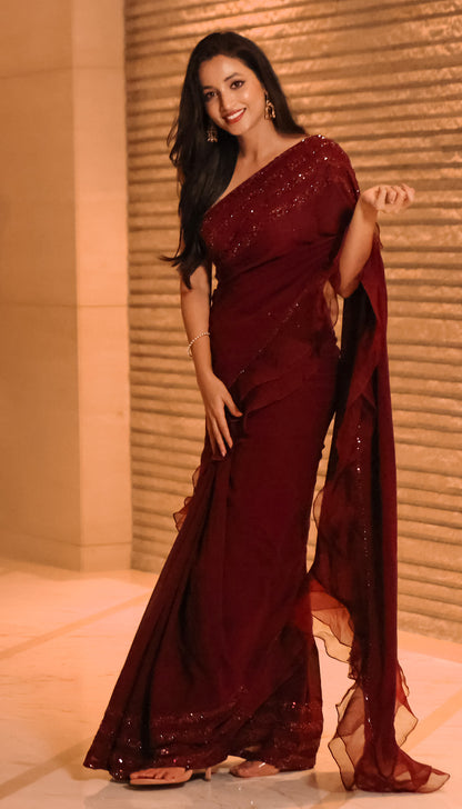 Srinidhi Shetty in Aubergine Georgette Ruffle Saree