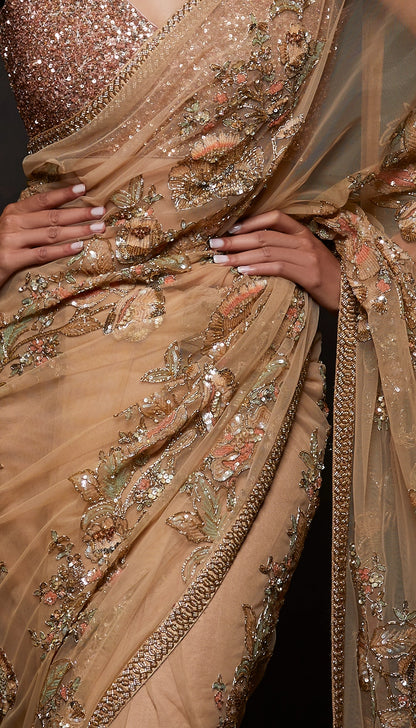 Champagne Beige Tulle Saree