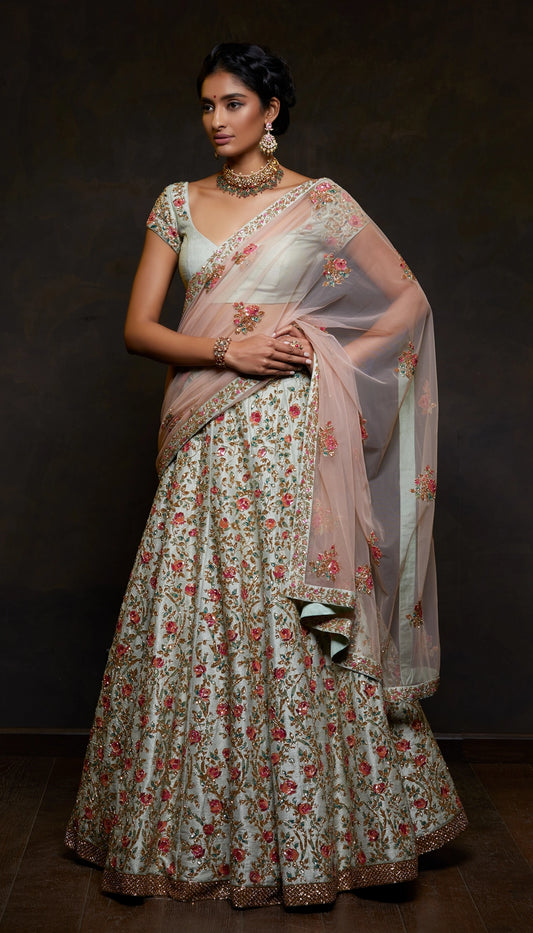 Pale Mint Raw Silk Lehenga