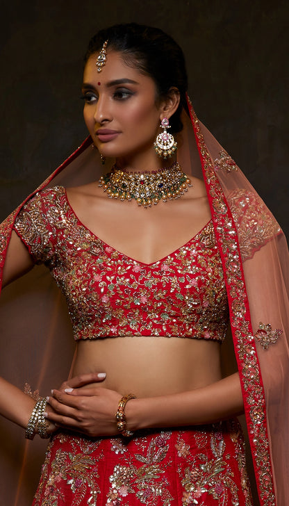 Red Raw Silk Lehenga