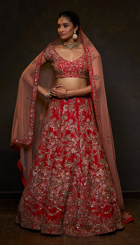 Red Raw Silk Lehenga