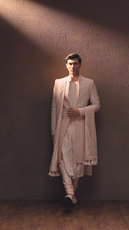Powder Pink Raw Silk Sherwani