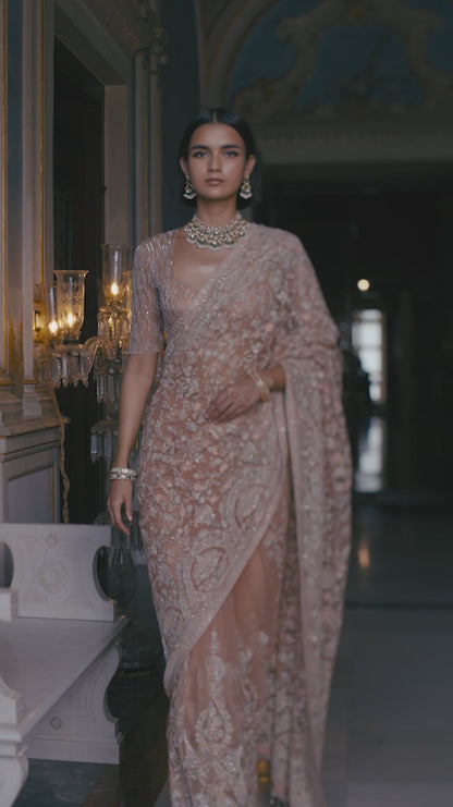 Peach Net Saree