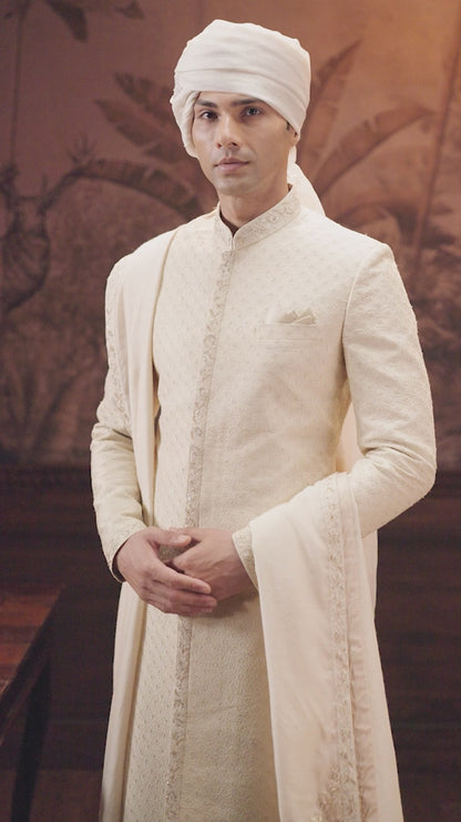 Muted Ivory Raw Silk Sherwani